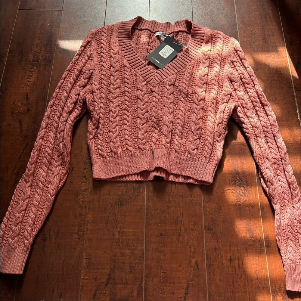 Fashion Nova Pink V-Neck Sweater with Cable Knit Design